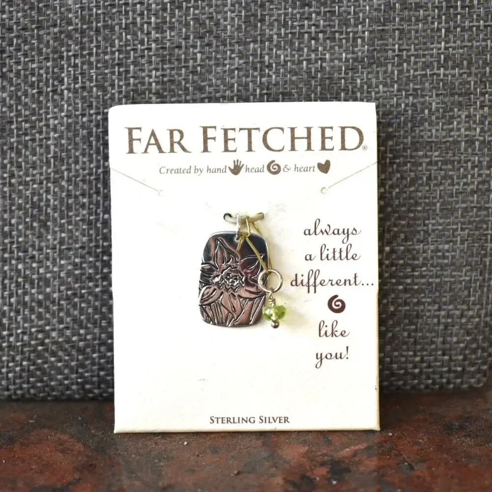 Far Fetched Peridot Daffodil Flower Quote Pendant Necklace 925 Sterling Silver - Picture 2 of 3